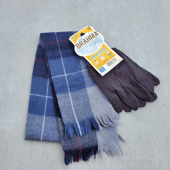Blue Plaid Scarf and Charcoal Grey Gloves Men's - Picture 2 of 5